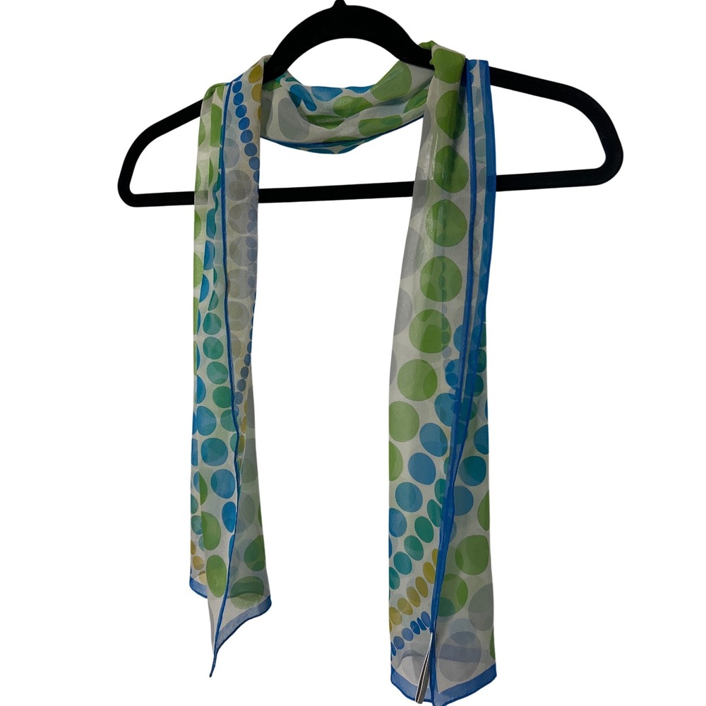 Jones New York Silk Scarf Blue Green Polka Dot Print Lightweight‎ 50" x 10"